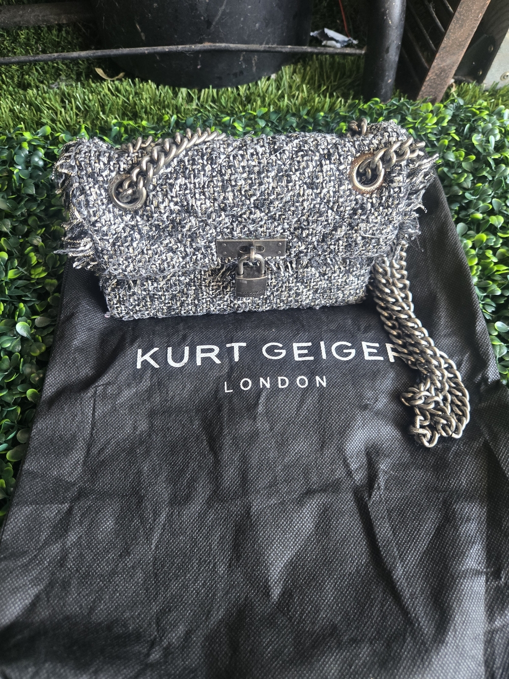 Kurt Geiger Black and Silver Tweed Chain Strap Shoulder Bag